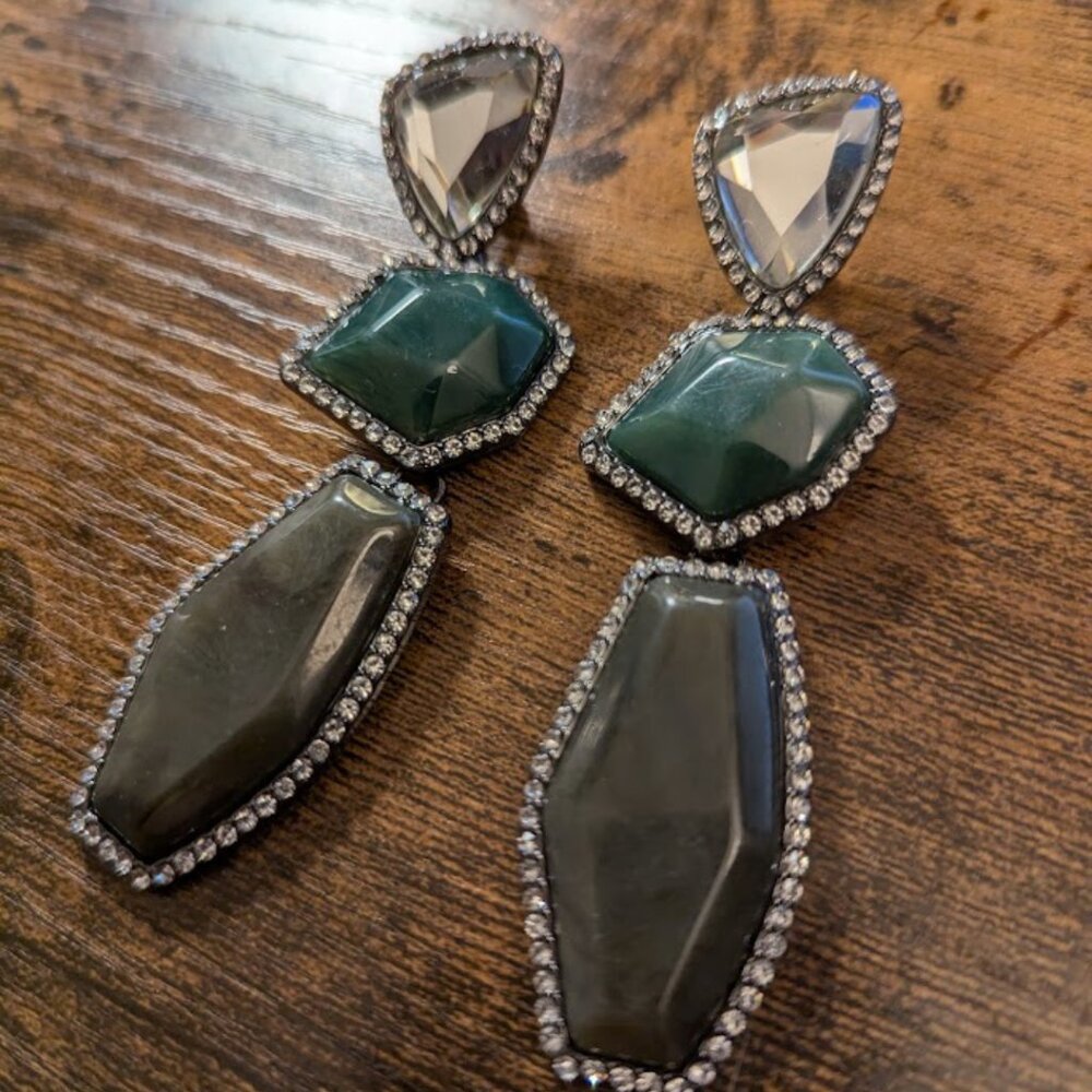 Geometric Statement Clip-On Earrings Green Gray Rhinestone Trim Y2K - Picture 4 of 6